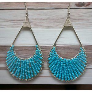 Baby Blue Teardrop Earrings Vintage Silver Tone Seed Beads Dangle